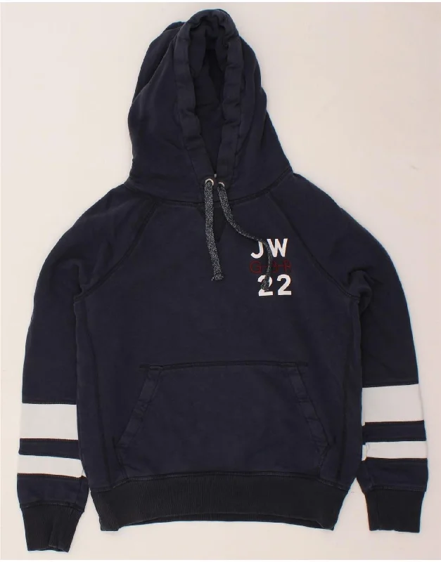 JACK WILLS Womens Graphic Hoodie Jumper UK 8 Small Navy Blue Cotton Hoodie with Zipper Placket Modern Functional