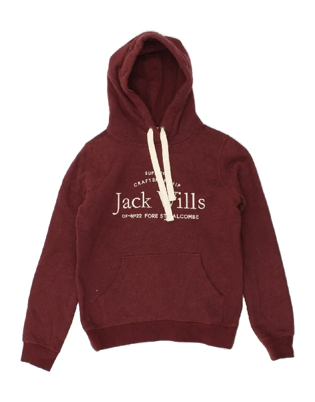 JACK WILLS Womens Oversized Graphic Hoodie Jumper UK 6 XS Burgundy Cotton Hoodie with Illustration Artistic Creative