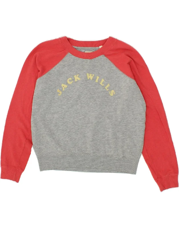 JACK WILLS Womens Oversized Graphic Sweatshirt Jumper UK 10 Small Grey Hoodie with Longline Fit Extended Stylish