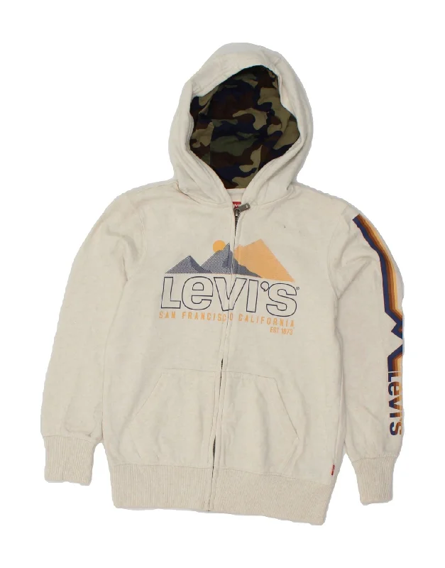 LEVI'S Boys Graphic Zip Hoodie Sweater 8-9 Years Small  Beige Cotton Hoodie with Camouflage Military Edgy