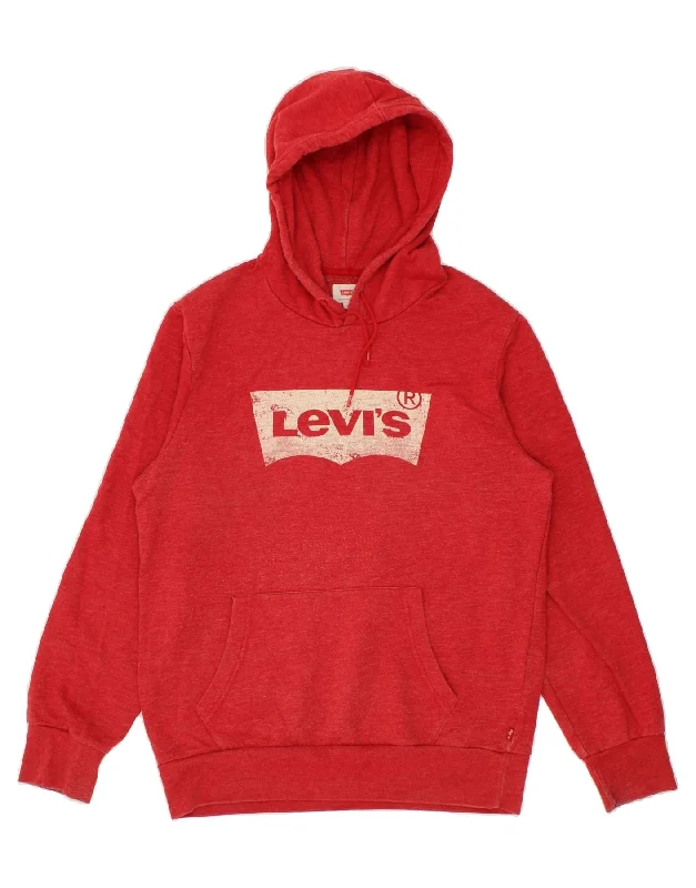 LEVI'S Mens Graphic Hoodie Jumper Medium Red Hoodie with Hem Lace Feminine Delicate