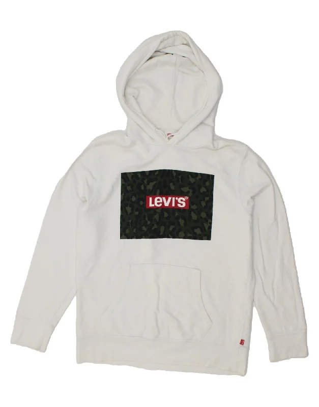 LEVI'S Womens Oversized Graphic Hoodie Jumper UK 10 Small White Cotton Hoodie with Longline Fit Extended Stylish