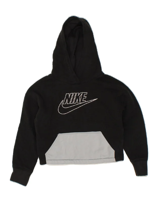 NIKE Girls Crop Graphic Hoodie Jumper 6-7 Years Large Black Colourblock Hoodie with Patch Decorative Personalized