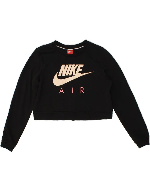 NIKE Girls Crop Graphic Sweatshirt Jumper 12-13 Years Large Black Cotton Hoodie with Tied Waist Feminine Flattering