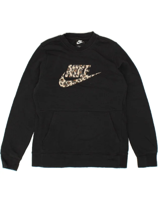 NIKE Girls Standard Fit Graphic Sweatshirt Jumper 12-13 Years Large  Black Hoodie with Raw Hem Edgy Unfinished