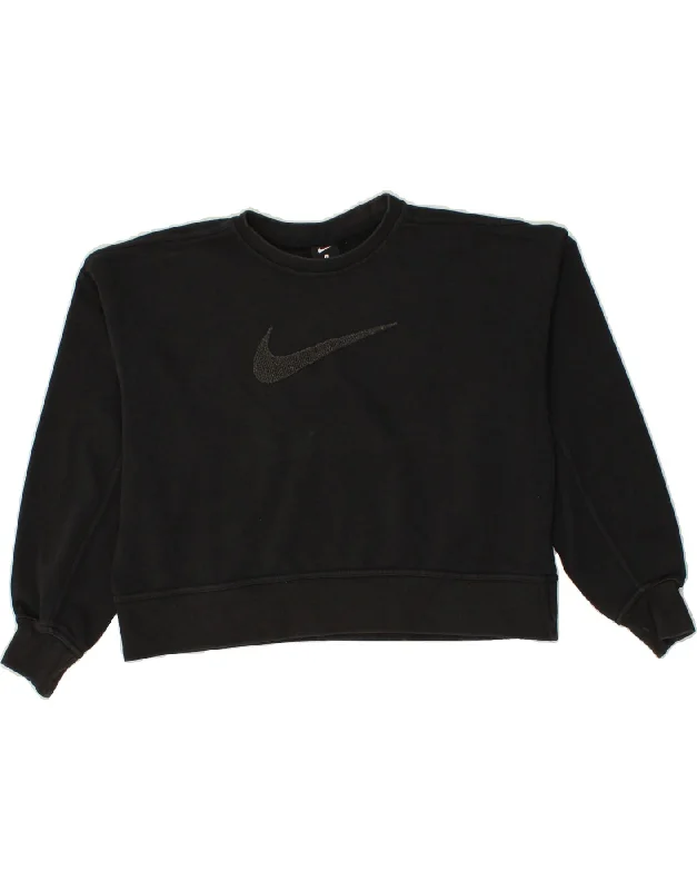 NIKE Womens Oversized Crop Graphic Sweatshirt Jumper UK 10 Small Black Hoodie with Toggle Buttons Decorative Unique