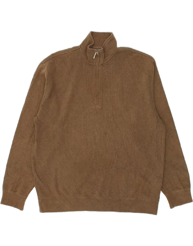 ORVIS Mens Zip Neck Sweatshirt Jumper Large Brown Cotton Hoodie with Hem Detail Decorative Unique