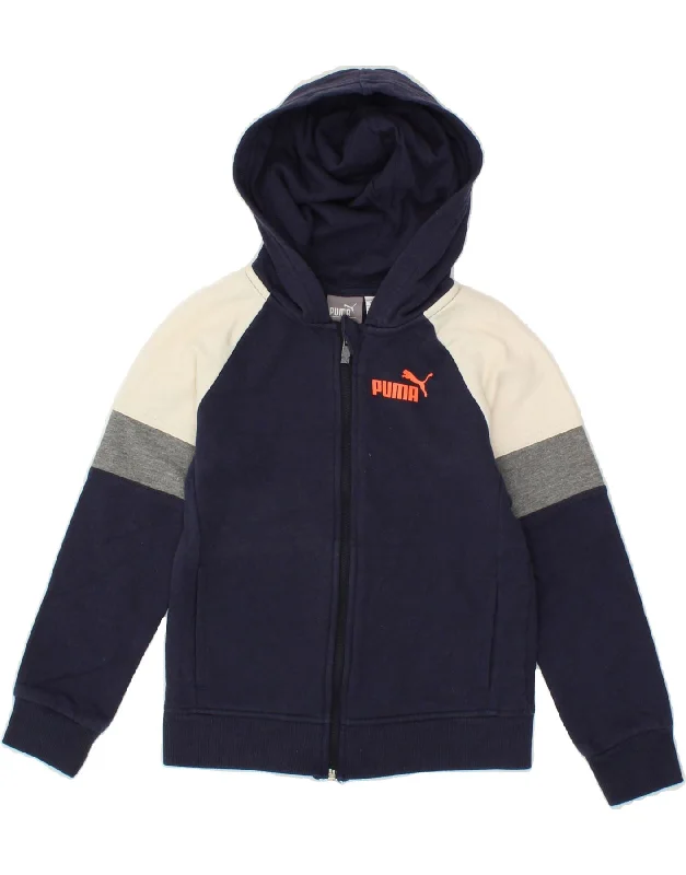 PUMA Boys Zip Hoodie Sweater 4-5 Years Small  Navy Blue Colourblock Cotton Hoodie with Cuffed Sleeves Snug Secure