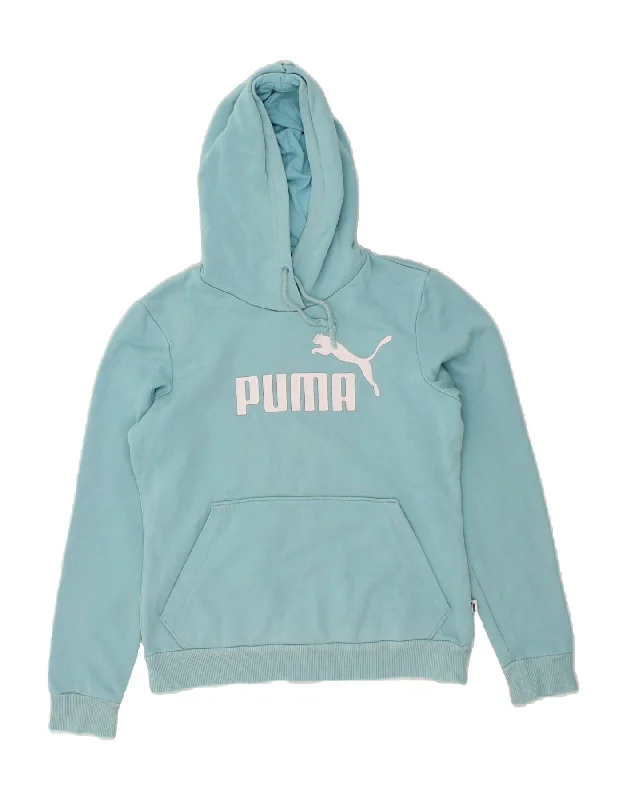 PUMA Womens Graphic Hoodie Jumper UK 10 Small Blue Hoodie with Tied Waist Feminine Flattering