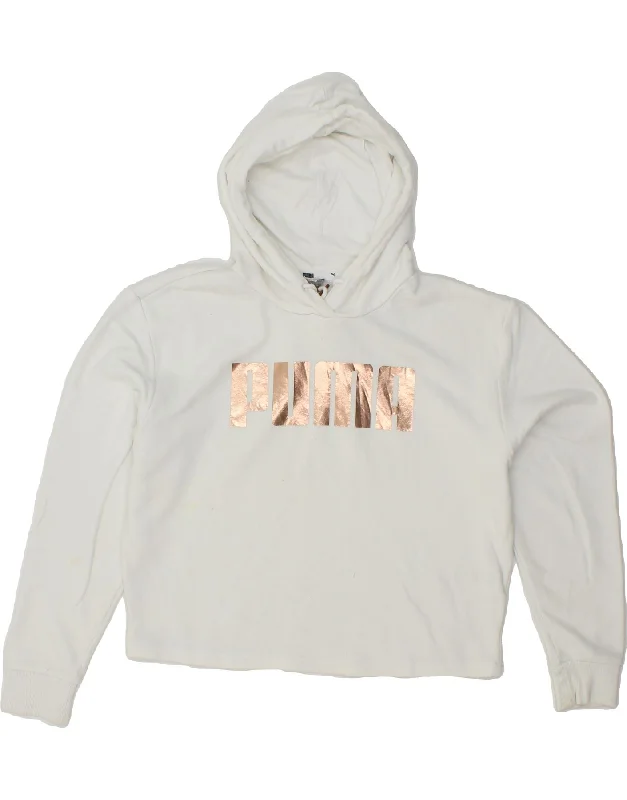 PUMA Womens Oversized Graphic Crop Hoodie Jumper UK 10 Small White Cotton Hoodie with Illustration Artistic Creative PUMA Womens Oversized Graphic Crop Hoodie Jumper UK 10 Small White Cotton Hoodie with Illustration Artistic Creative