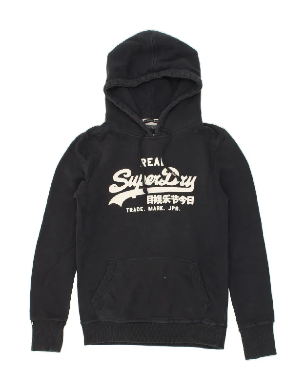 SUPERDRY Mens Graphic Hoodie Jumper Medium Navy Blue Cotton Hoodie with Embroidery Detailed Premium