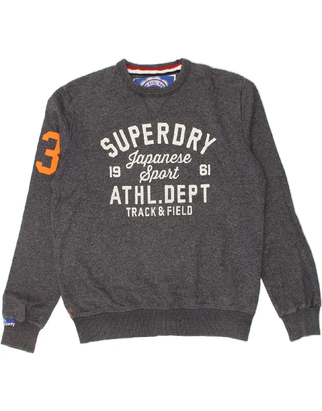 SUPERDRY Mens Graphic Sweatshirt Jumper Large Grey Cotton Hoodie with Logo Branding Identity