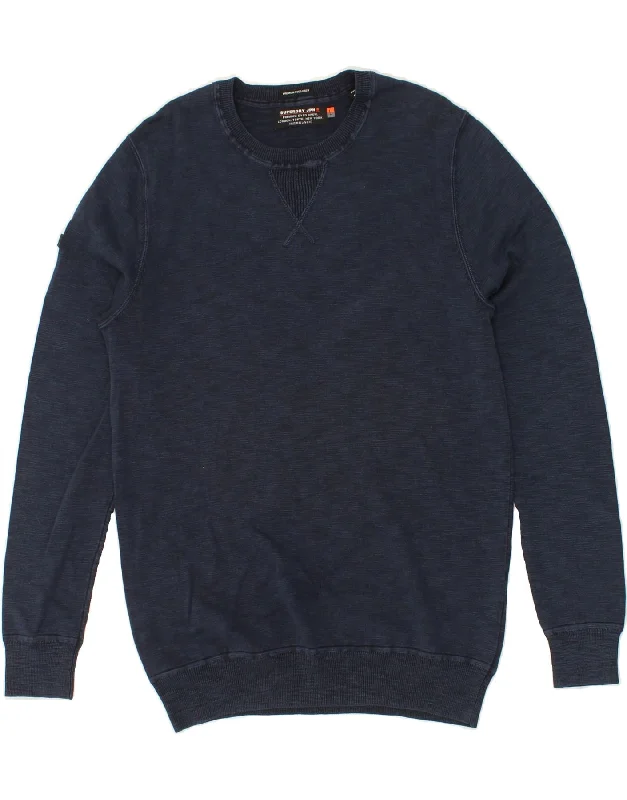 SUPERDRY Mens Sweatshirt Jumper Large Navy Blue Cotton Hoodie with Ribbed Cuffs Snug Fit Comfort