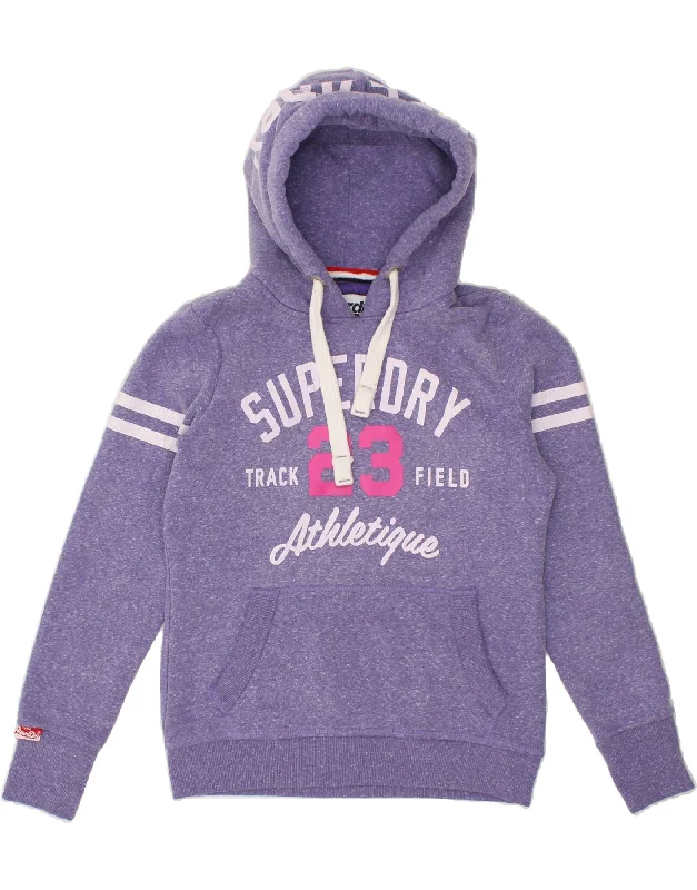 SUPERDRY Womens Graphic Hoodie Jumper UK 14 Medium Purple Flecked Cotton Hoodie with Drawcord Adjustable Secure