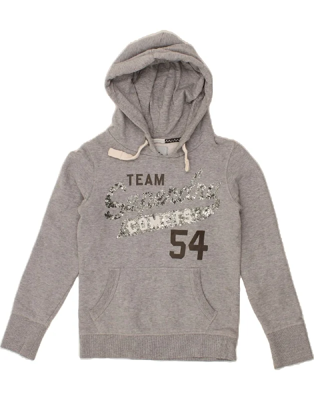 SUPERDRY Womens Graphic Hoodie Jumper UK 6 XS Grey Cotton Hoodie with Hem Patch Decorative Personalized