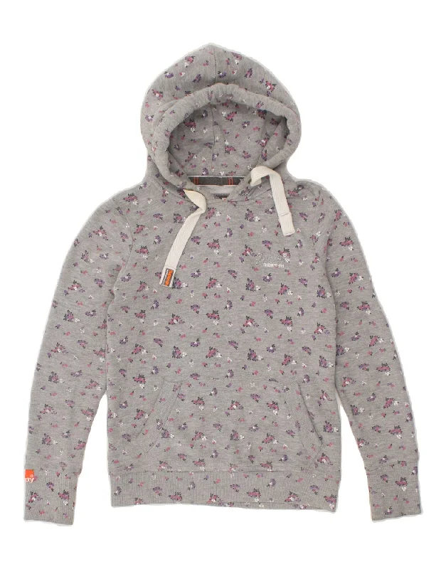 SUPERDRY Womens Hoodie Jumper UK 6 XS Grey Floral Cotton Hoodie with Camouflage Military Edgy