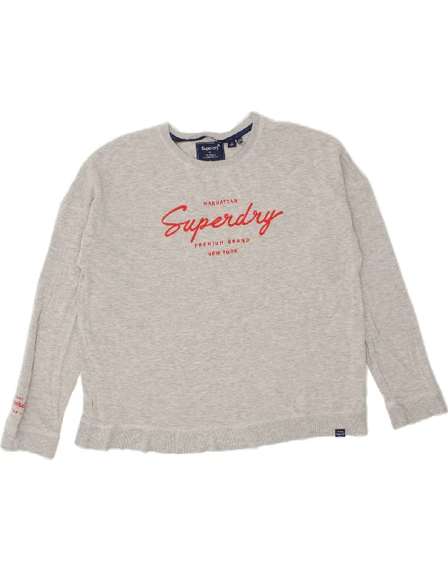 SUPERDRY Womens Oversized Graphic Sweatshirt Jumper UK 16 Large  Grey Hoodie with Rhinestones Sparkly Elegant