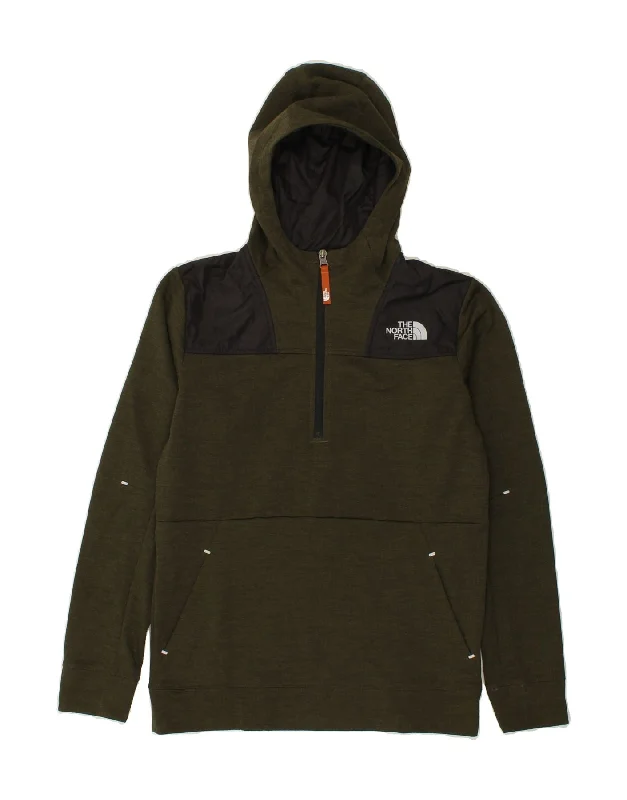 THE NORTH FACE Boys Hoodie Jumper 14-15 Years XL Khaki Colourblock Hoodie with Ribbed Hem Stretchable Secure