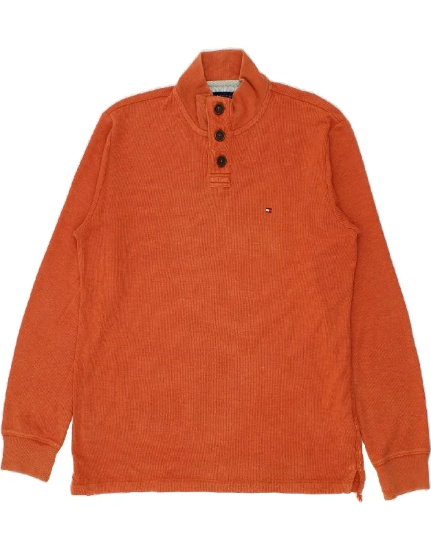 TOMMY HILFIGER Mens Button Neck Sweatshirt Jumper Large Orange Cotton Hoodie with Side Slits Relaxed Casual