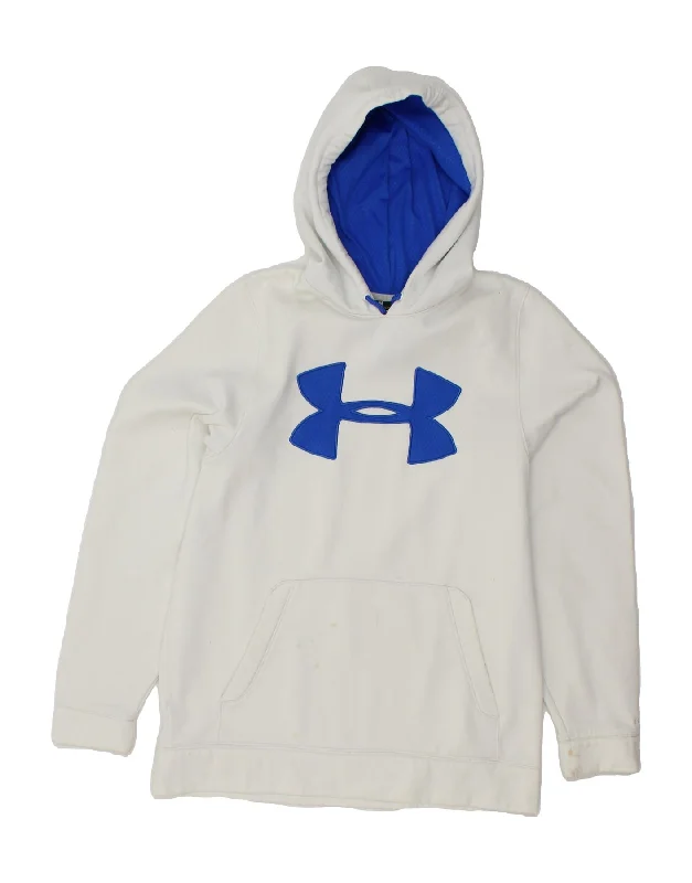 UNDER ARMOUR Mens Graphic Hoodie Jumper Medium White Polyester Hoodie with Frayed Bohemian Relaxed