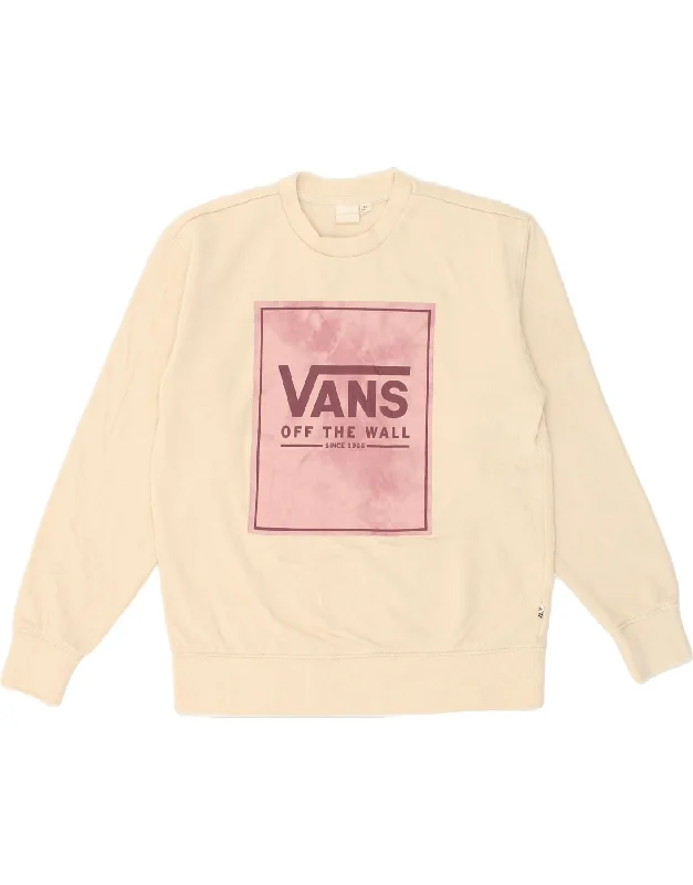 VANS Mens Graphic Sweatshirt Jumper XS Beige Cotton Hoodie with Front Slit Layering Stylish