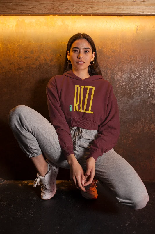 Women Maroon Crop Hoodie So Rizz Hoodie with Hem Fringe Bohemian Relaxed