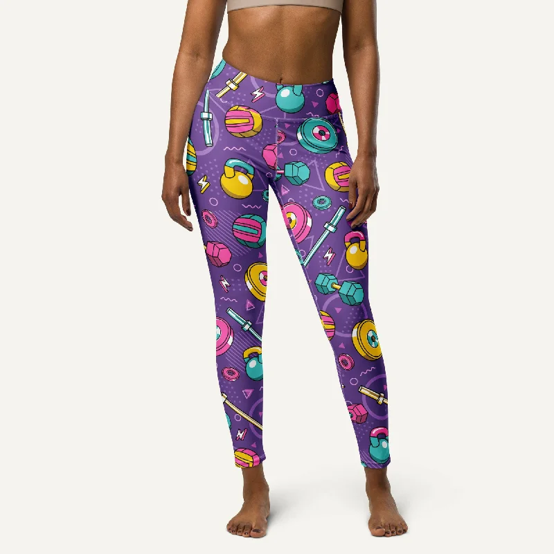 90s Weights Purple High-Waisted Leggings Trendy Colorblock Print Leggings