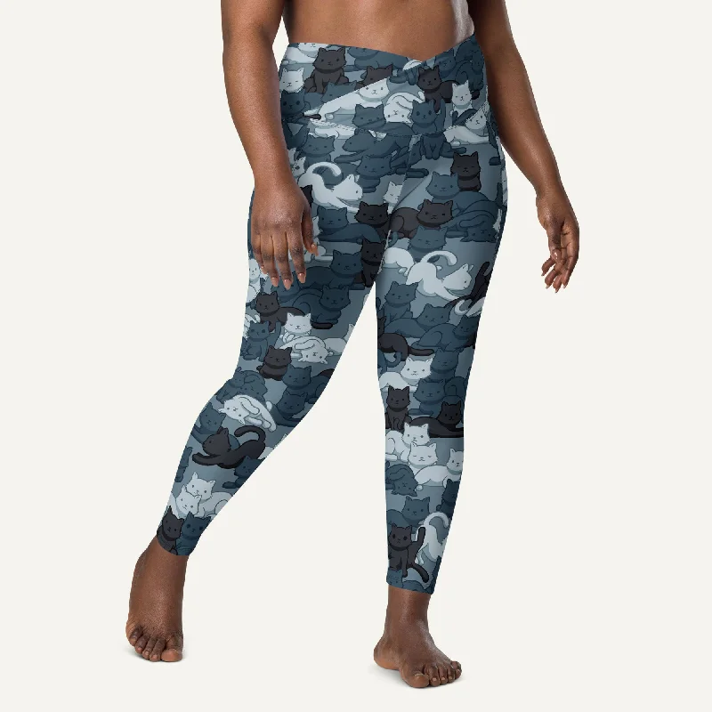 Cats Camouflage Navy Crossover Leggings With Pockets Chic Smooth Fit Leggings