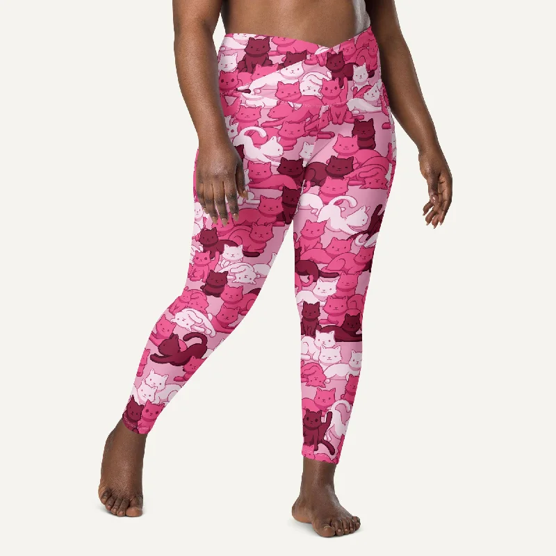 Cats Camouflage Pink Crossover Leggings With Pockets Elegant Shiny Black Leggings