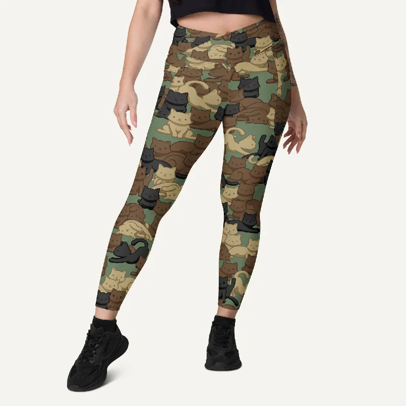 Cats Camouflage Woodland Crossover Leggings With Pockets Fashionable Minimal Active Leggings