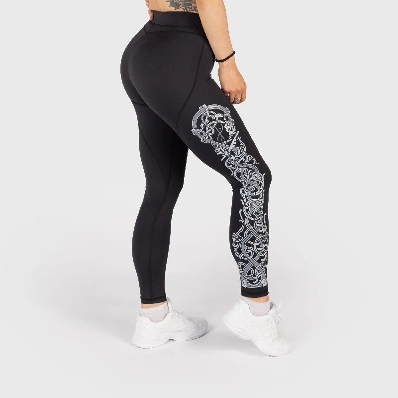 Dragon Leggings, Black Elegant Printed Leggings with Pockets