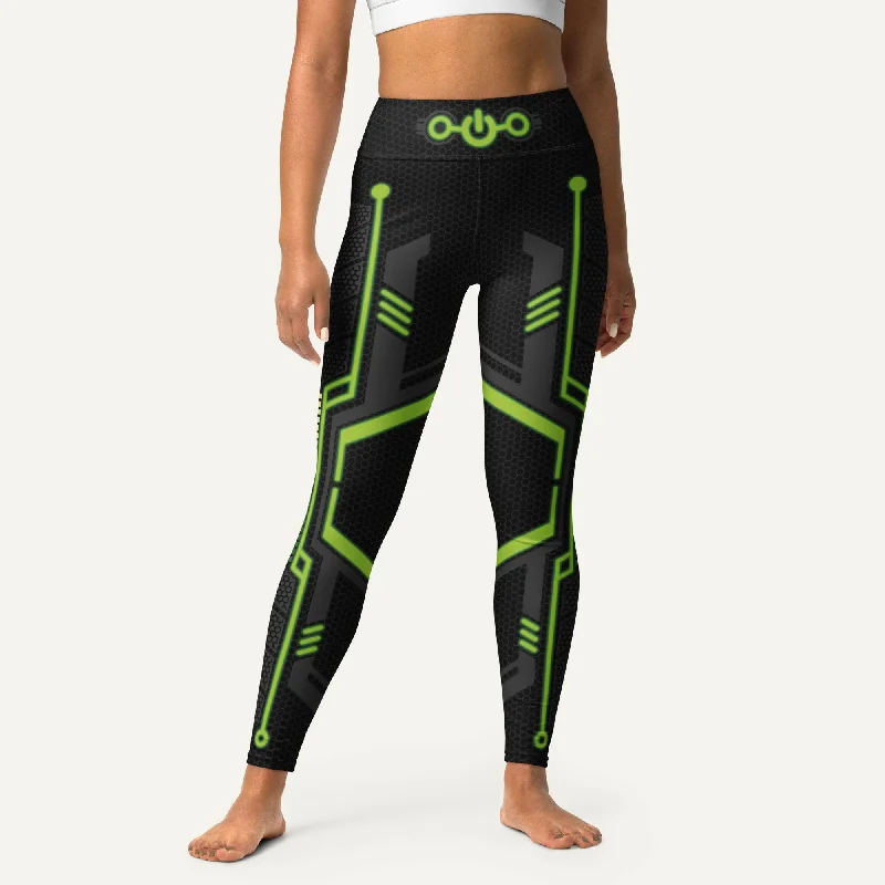 Futuristic Sci-Fi Green High-Waisted Leggings Elegant Printed Leggings with Pockets