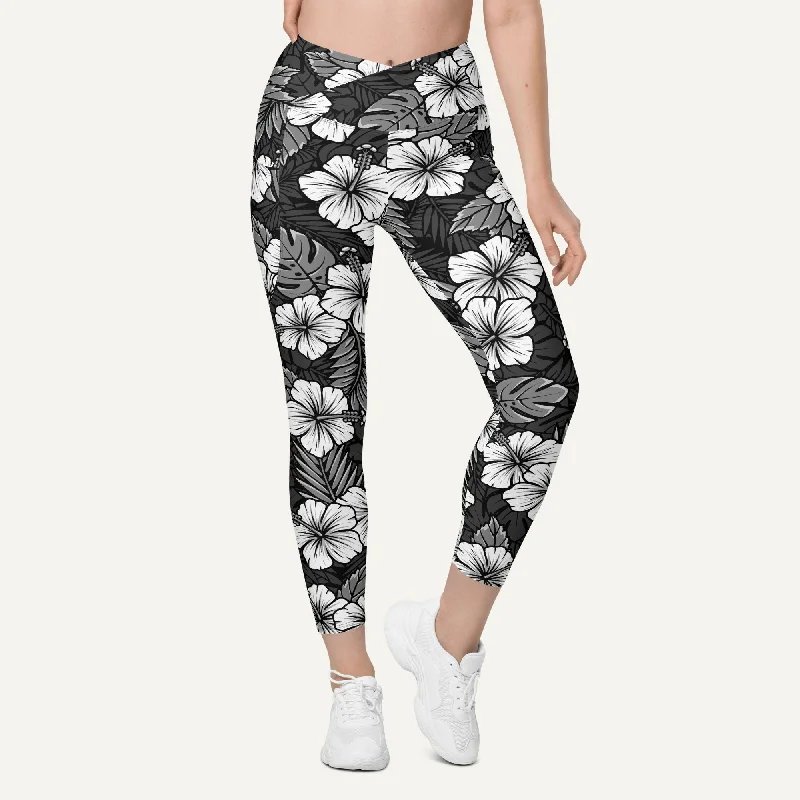 Hawaiian Aloha Black Crossover Leggings With Pockets Stylish Stretch-Waist Leggings