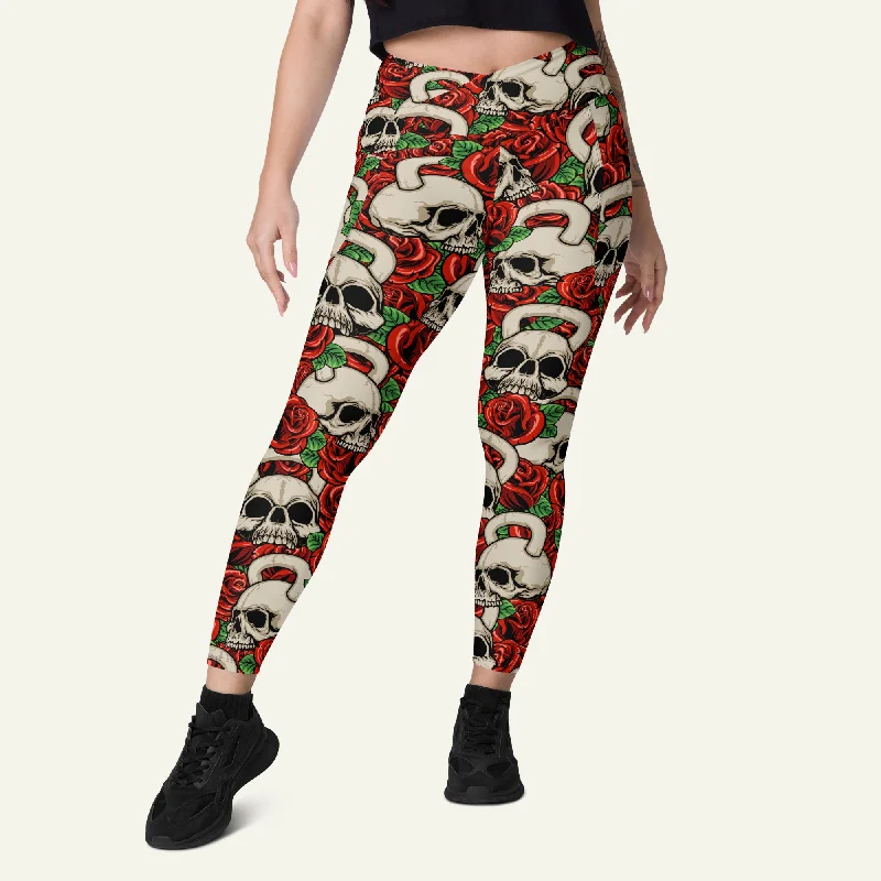 Kettlebell Skull And Roses Crossover Leggings With Pockets Elegant Casual Fit Leggings