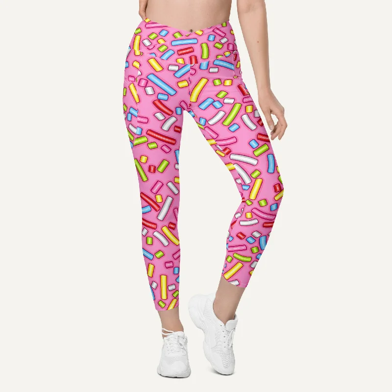 Pink Donut Sprinkles Crossover Leggings With Pockets Casual Slim-Fit Leggings