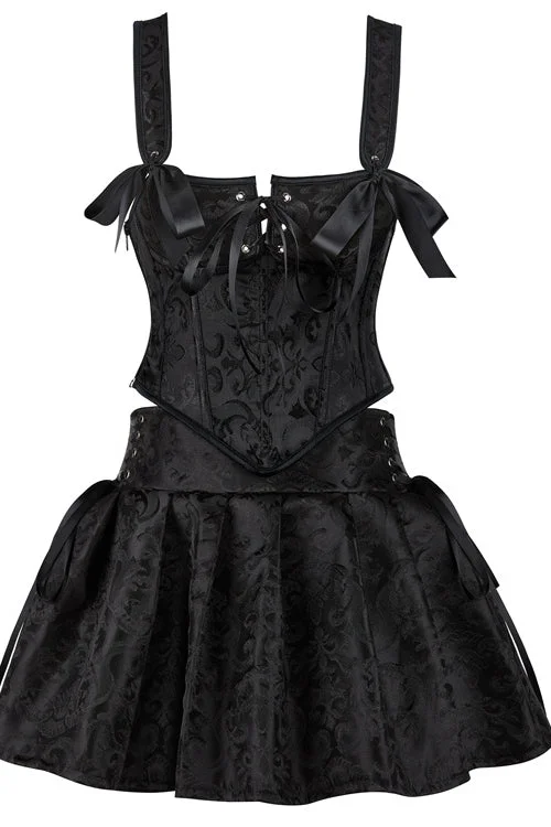 Black Straps Floral Prints Lace-Up Bustier Corset Top with Skirt lace skirt feminine