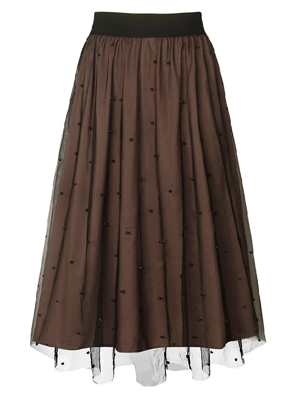 Brown Skirt Women Pearl Beaded Mesh Overlay A-Line Elastic Waist Layered Midi Skirt corduroy skirt cozy Brown Skirt Women Pearl Beaded Mesh Overlay A-Line Elastic Waist Layered Midi Skirt corduroy skirt cozy