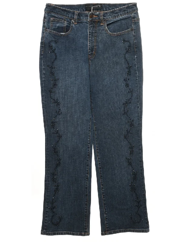 Dark Wash Beaded Jeans - W30 L29 Elegant High-Waisted Flared Jeans