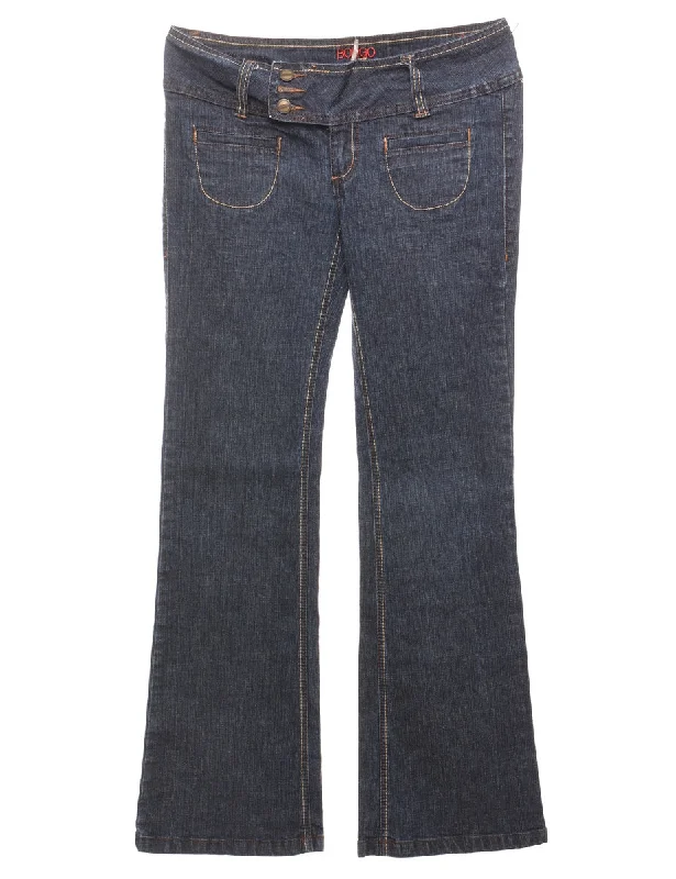 Dark Wash Y2K Flared Low-Rise Jeans - W31 L33 Trendy Patchwork Denim Jeans