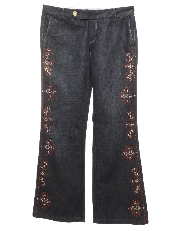 Embellished Dark Wash Flared Jeans - W32 L32 Trendy Bootcut High-Waisted Jeans