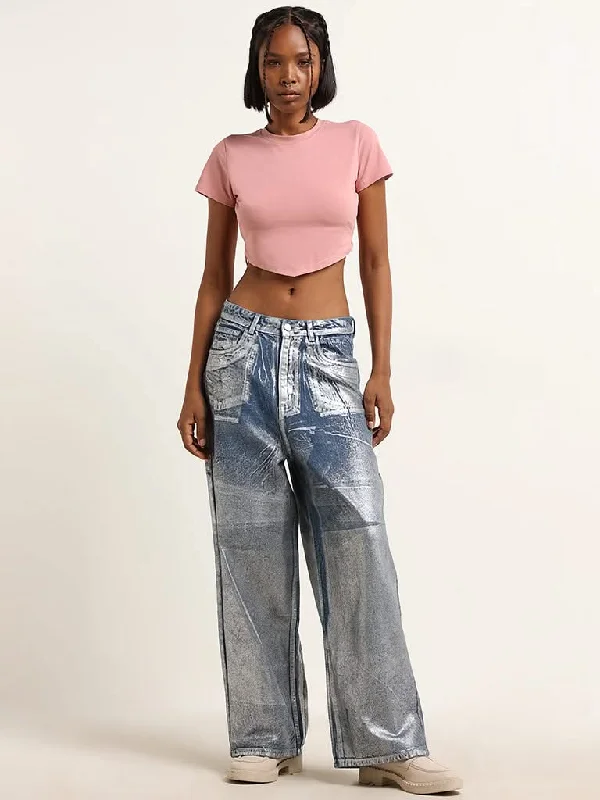 Nuon Blue Mid Rise Wide Leg Fit Jeans Trendy Wide-Leg High-Waist Denim