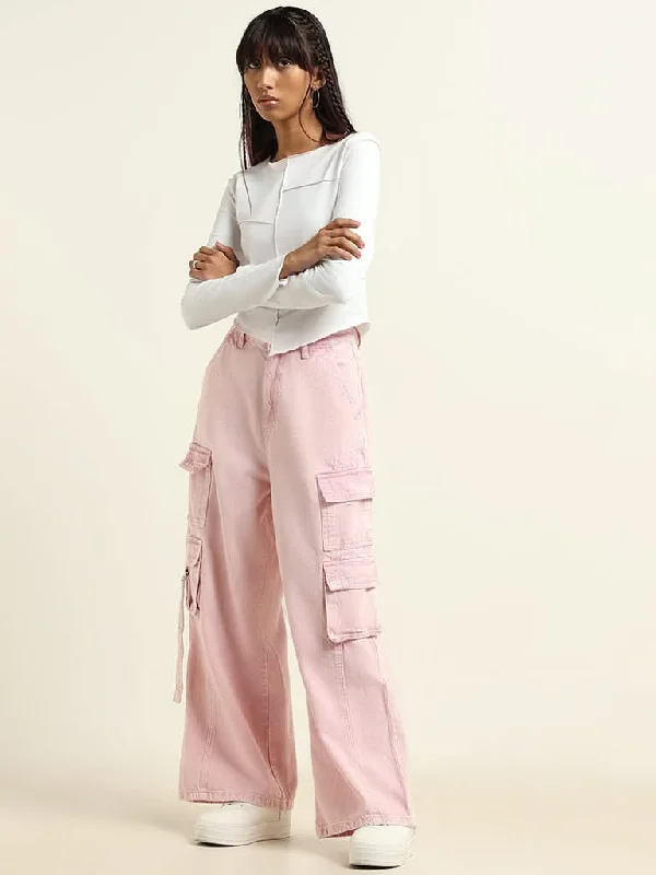 Nuon Pink Mid Rise Wide Leg Fit Cargo Jeans Fashionable Slim Fit Jeans