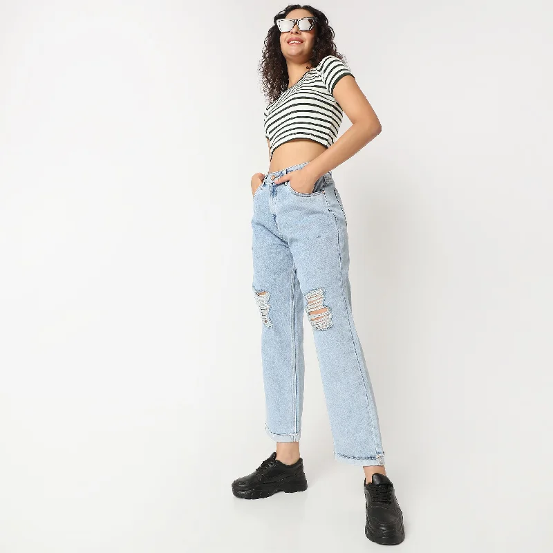 Straight Fit Distressed High Rise Jeans Trendy Button-Up High-Waist Jeans