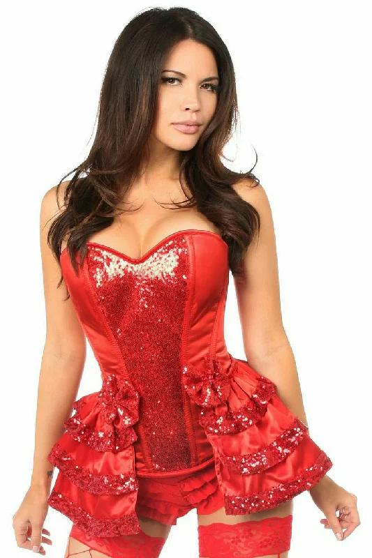 Top Drawer Red Satin & Sequin Steel Boned Corset w/Removable Snap Skirt athletic skirt fit
