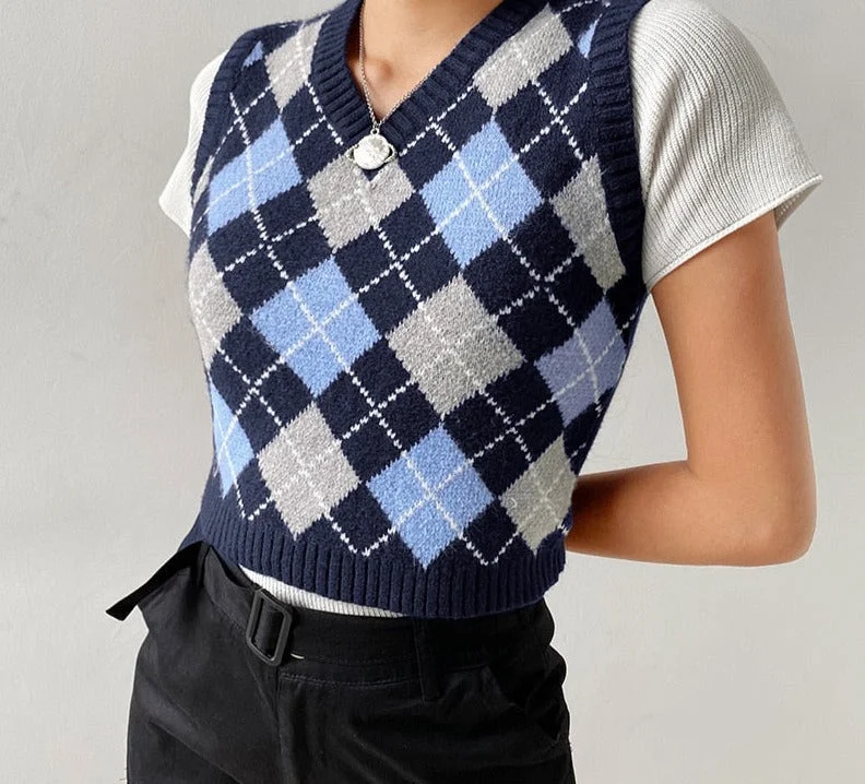 Sweater Vest Women  Black Sleeveless Plaid Knitted Crop Sweaters Casual Autumn Preppy Style tops V Neck Vintage Elasticated Padded Insulated