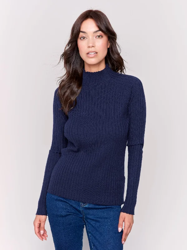 Basic Ribbed Knit Mock Neck Sweater High Neck Crew Neck V-Neck