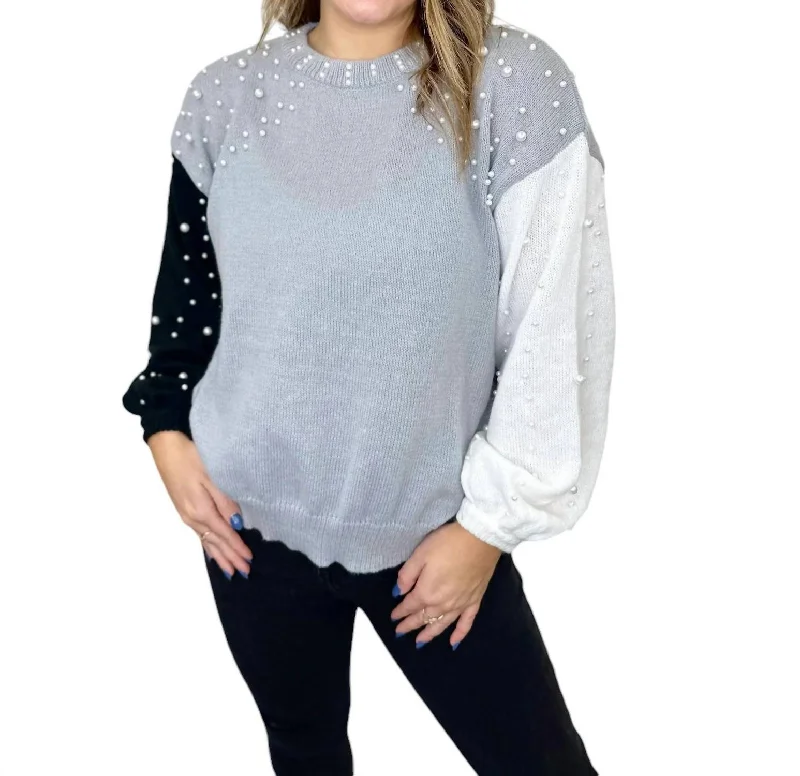 Believing In Magic Pearl Beaded Sweater In Grey Lightweight Heavyweight Midweight