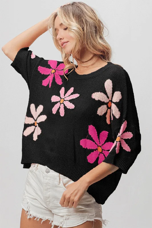 Floral Pattern Cropped Sweater Graphic Sweater Embroidered Appliqued