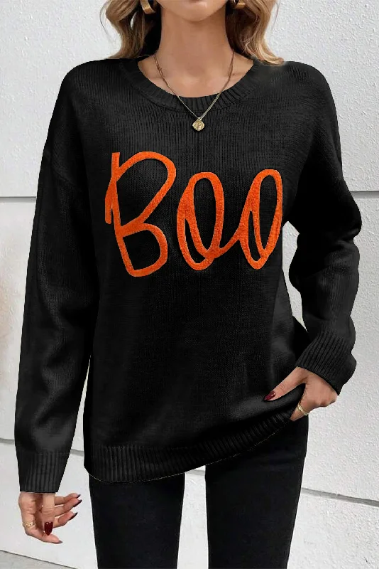 Black Halloween Boo Drop Shoulder Knit Sweater Denim Fabric Leather Fabric Suede Fabric