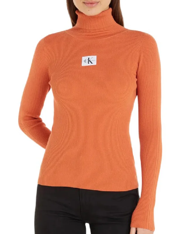 Calvin Klein J221688 Badge Roll Neck Sweater Orange Mesh Fabric Canvas Fabric Denim Fabric